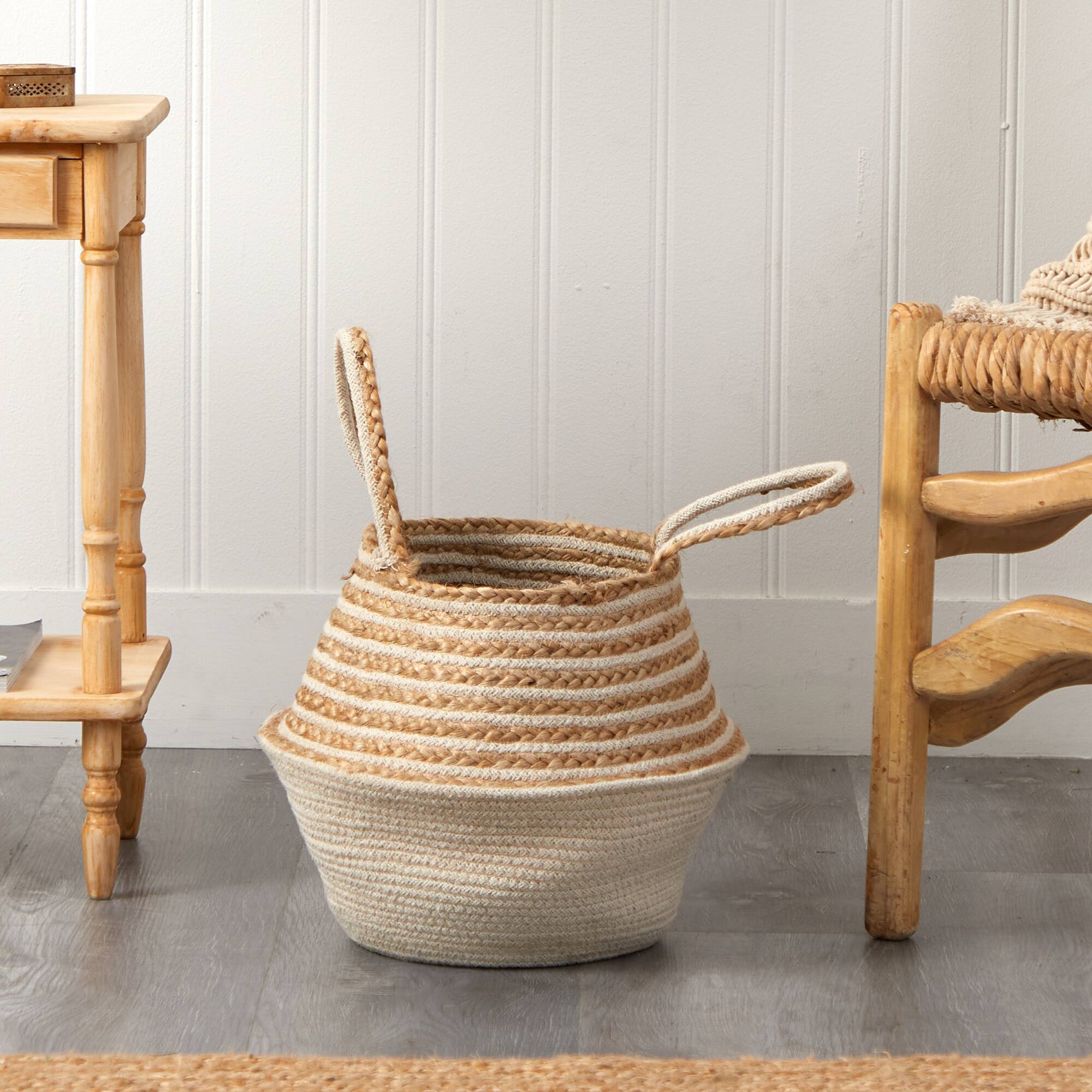 14'' Cream & Natural Cotton & Jute Boho Chic Belly Basket Planter